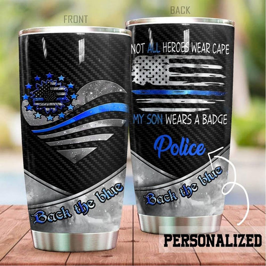 Mi hijo lleva una placa en la parte posterior, vaso de policía personalizado azul