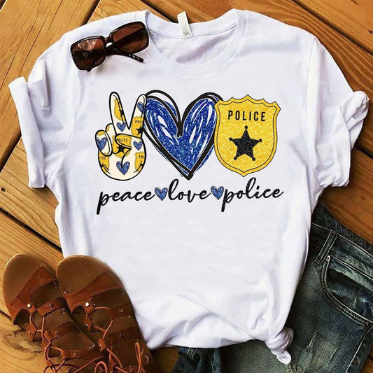 Camisetas de policía con el mensaje "Paz, amor"