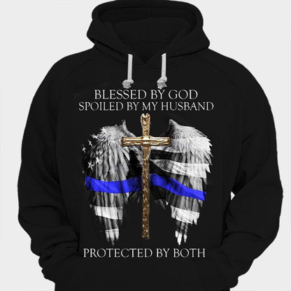 Bendecida por Dios, malcriada por mi esposo, protegida por ambos, camisetas de esposa policía