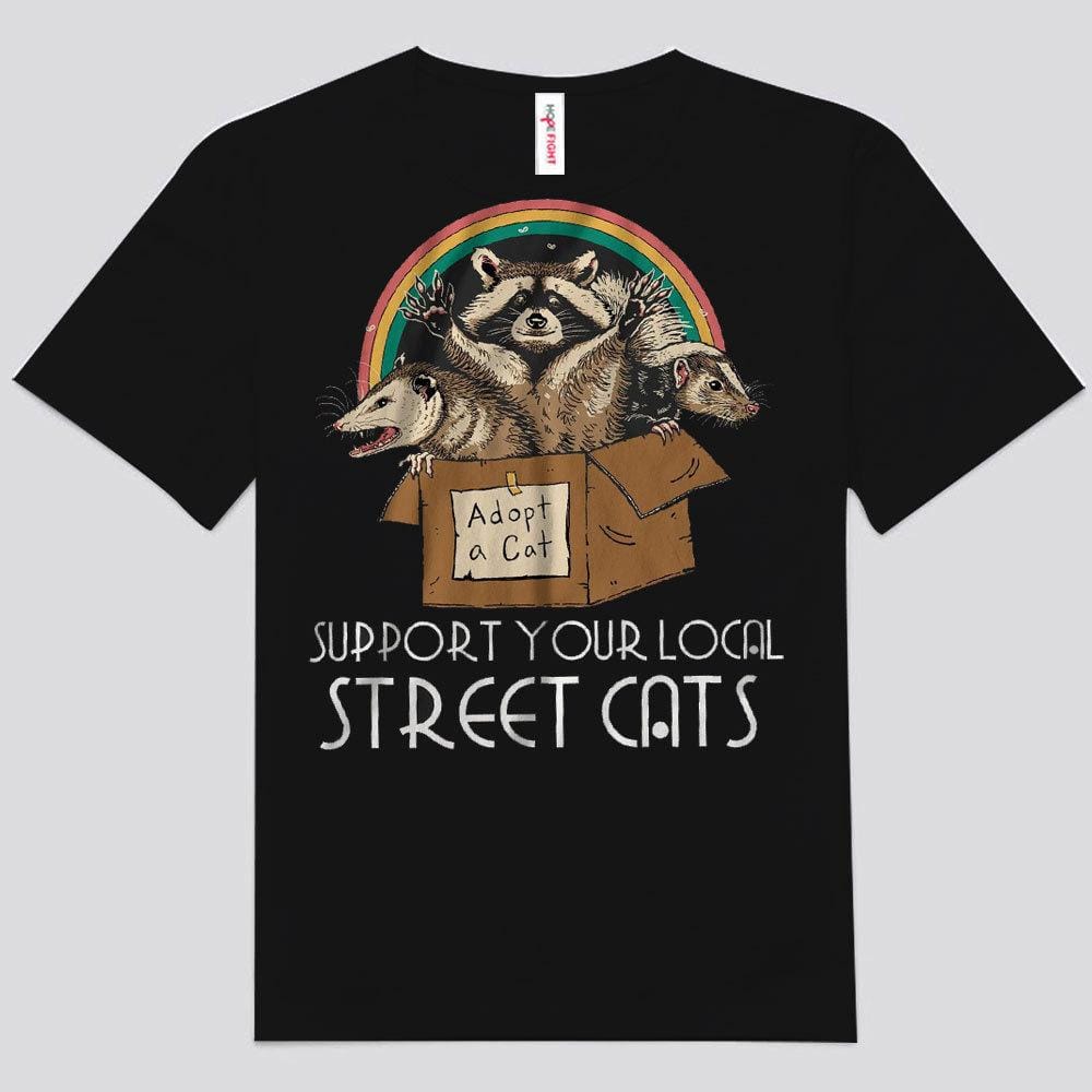 Camisetas de mapache arcoíris con el logo de "Apoya a tus gatos callejeros locales"