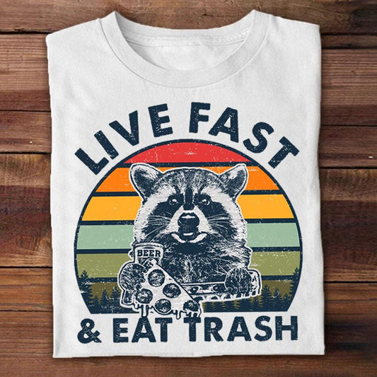 Camisetas vintage de mapache que dicen "Vive rápido y come basura"