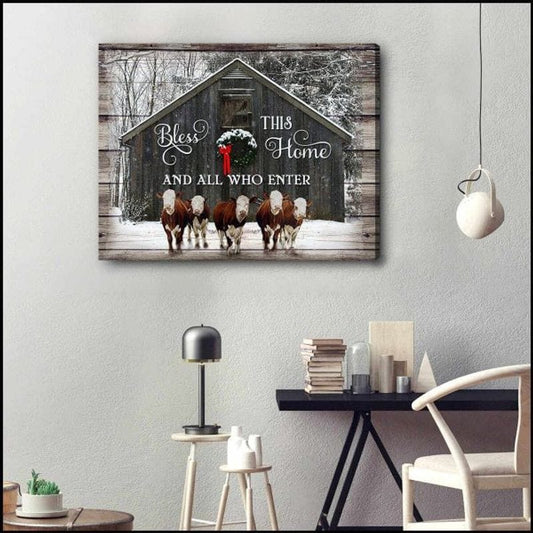 Póster de vaca de Hereford, lienzo, granja, granja, bendiga esta casa