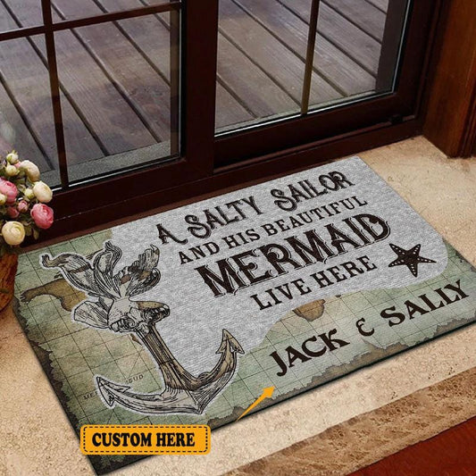 Felpudo de vela personalizado con el marinero salado y su hermosa sirena que vive aquí