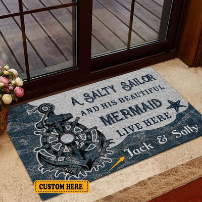 Personalized Salty Sailor And His Beautiful Mermaid Live Here Sailing Doormat