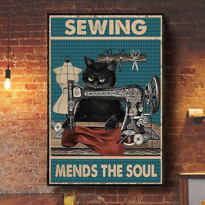 Sewing Mends The Soul Cat Poster, Canvas
