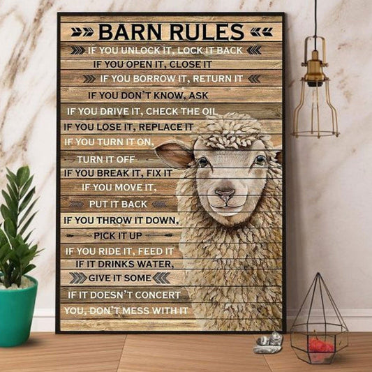 Póster de ovejas con reglas de granero, lienzo