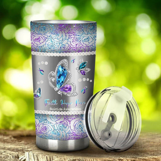 Vaso suicida con forma de mariposa, fe, esperanza y amor