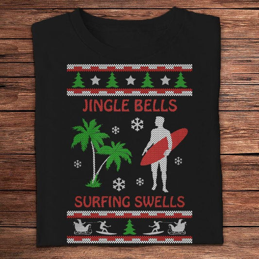 Camisetas navideñas con cascabeles, olas y surf