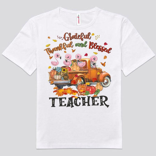 Camisetas de flamencos para maestros agradecidos, agradecidos y bendecidos