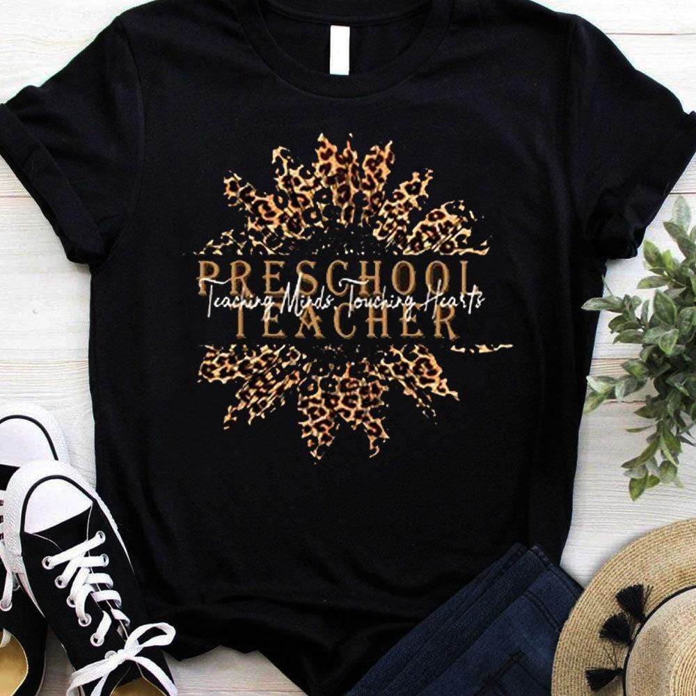 Preschool Teacher Shirts Teaching Minds Touching Hearts, Leopard Sunflower