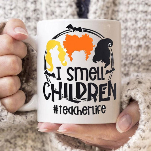 Taza de Halloween para profesores, huelo a niños, tazas divertidas para profesores