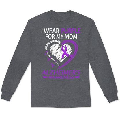 Sudadera y camisas con el mensaje "Llevo morado por mamá con mi corazón Alzheimer"