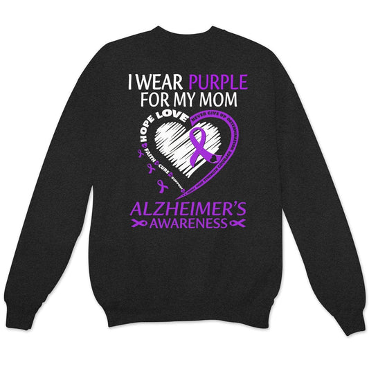 Sudadera y camisas con el mensaje "Llevo morado por mamá con mi corazón Alzheimer"
