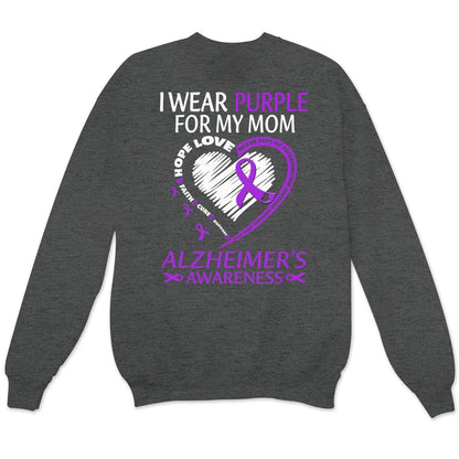 Sudadera y camisas con el mensaje "Llevo morado por mamá con mi corazón Alzheimer"