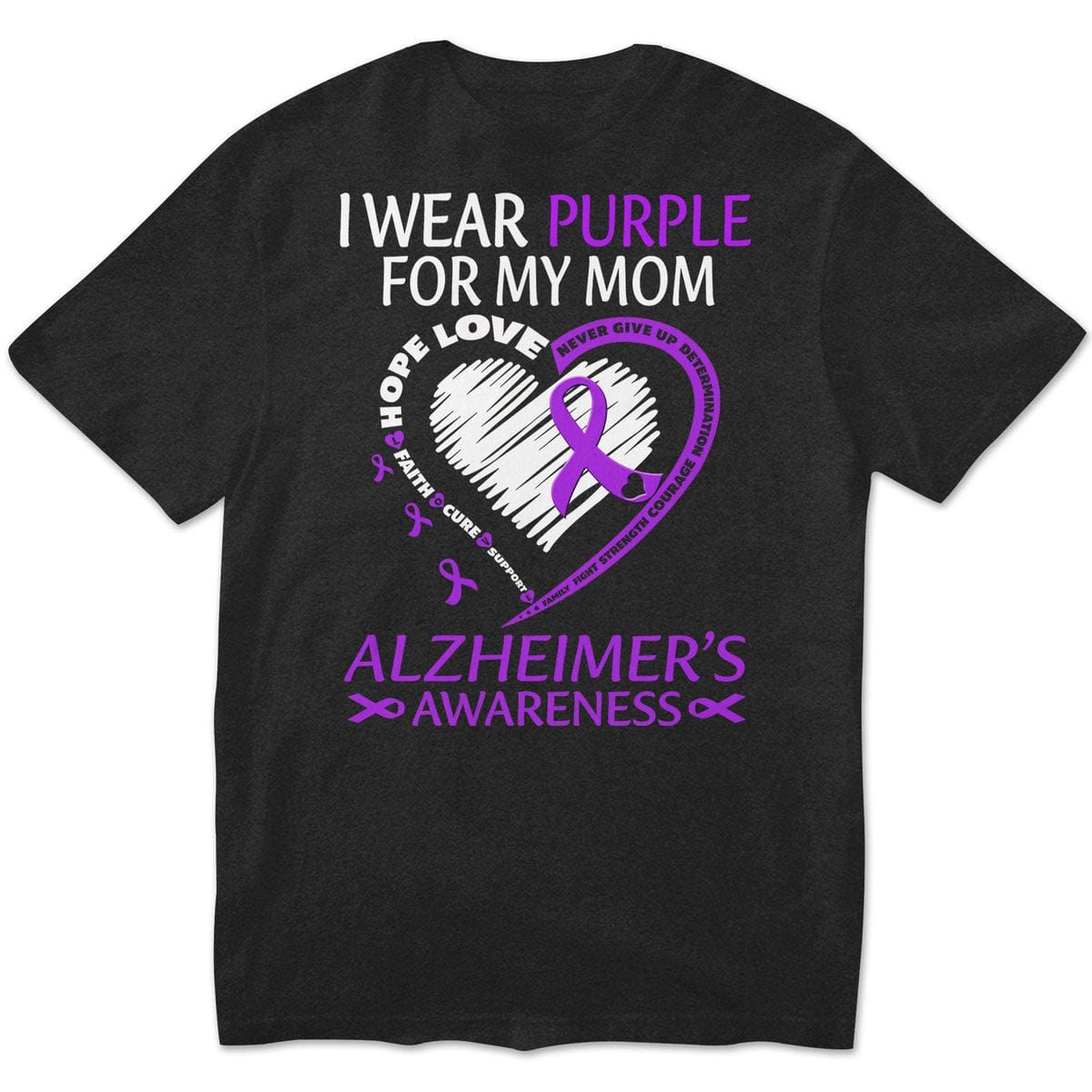Sudadera y camisas con el mensaje "Llevo morado por mamá con mi corazón Alzheimer"