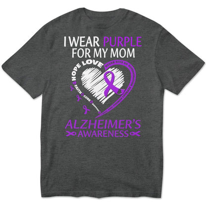 Sudadera y camisas con el mensaje "Llevo morado por mamá con mi corazón Alzheimer"