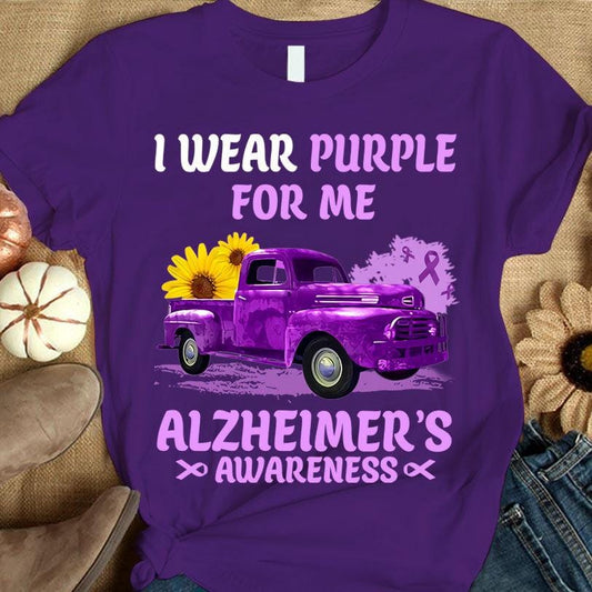 Llevo morado por mí, coche con lazo y girasol, camiseta de concienciación sobre el Alzheimer