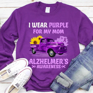 I Wear Purple For Mom, Alzheimer's Awareness Shirt With Ribbon Sunflower Car