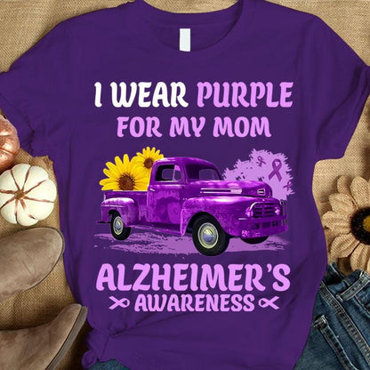 I Wear Purple For Mom, Alzheimer's Awareness Shirt With Ribbon Sunflower Car