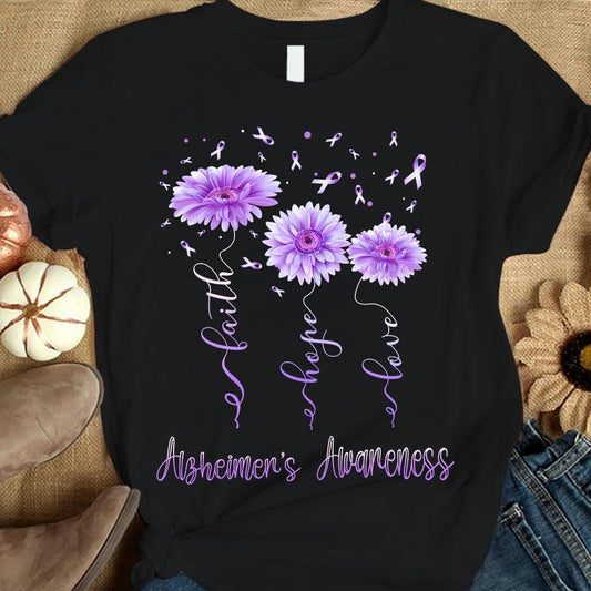 Camiseta con lazo de gerbera, fe, esperanza y amor para concienciar sobre el Alzheimer