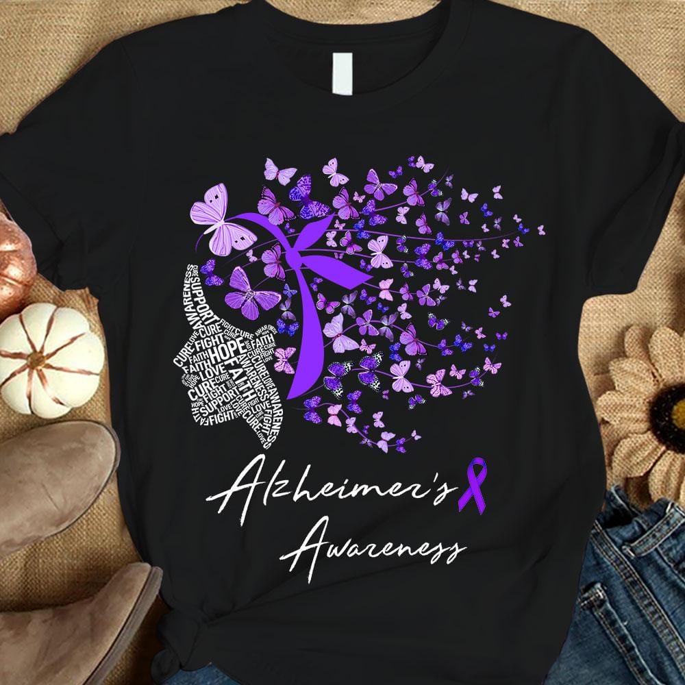 Camiseta de concienciación sobre el Alzheimer, con fe, esperanza, amor, apoyo y cura, niña mariposa morada