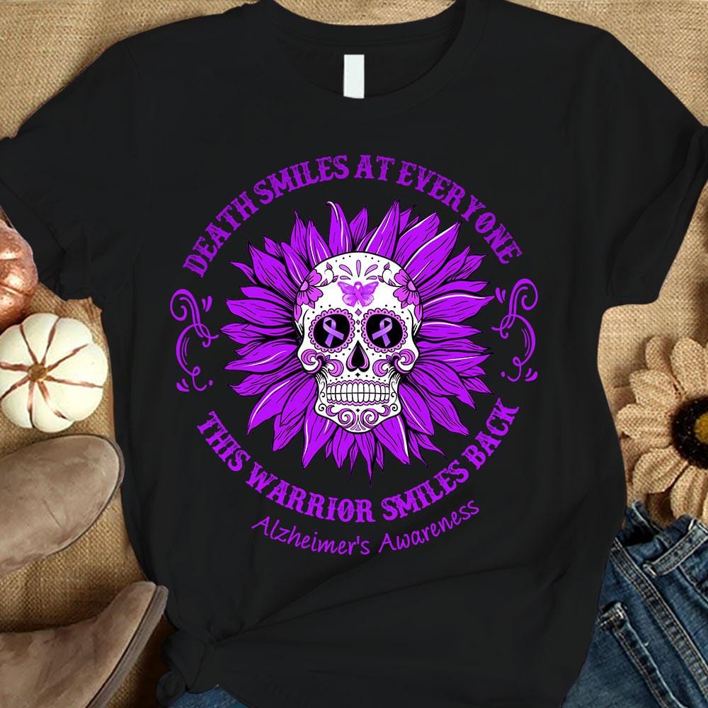 La muerte sonríe a todos, camiseta de concienciación sobre el Alzheimer con calavera de girasol