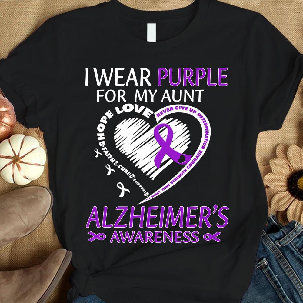 Llevo morado por mi tía, corazón con lazo, camiseta de concienciación sobre el Alzheimer
