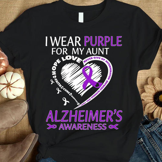 Llevo morado por mi tía, corazón con lazo, camiseta de concienciación sobre el Alzheimer
