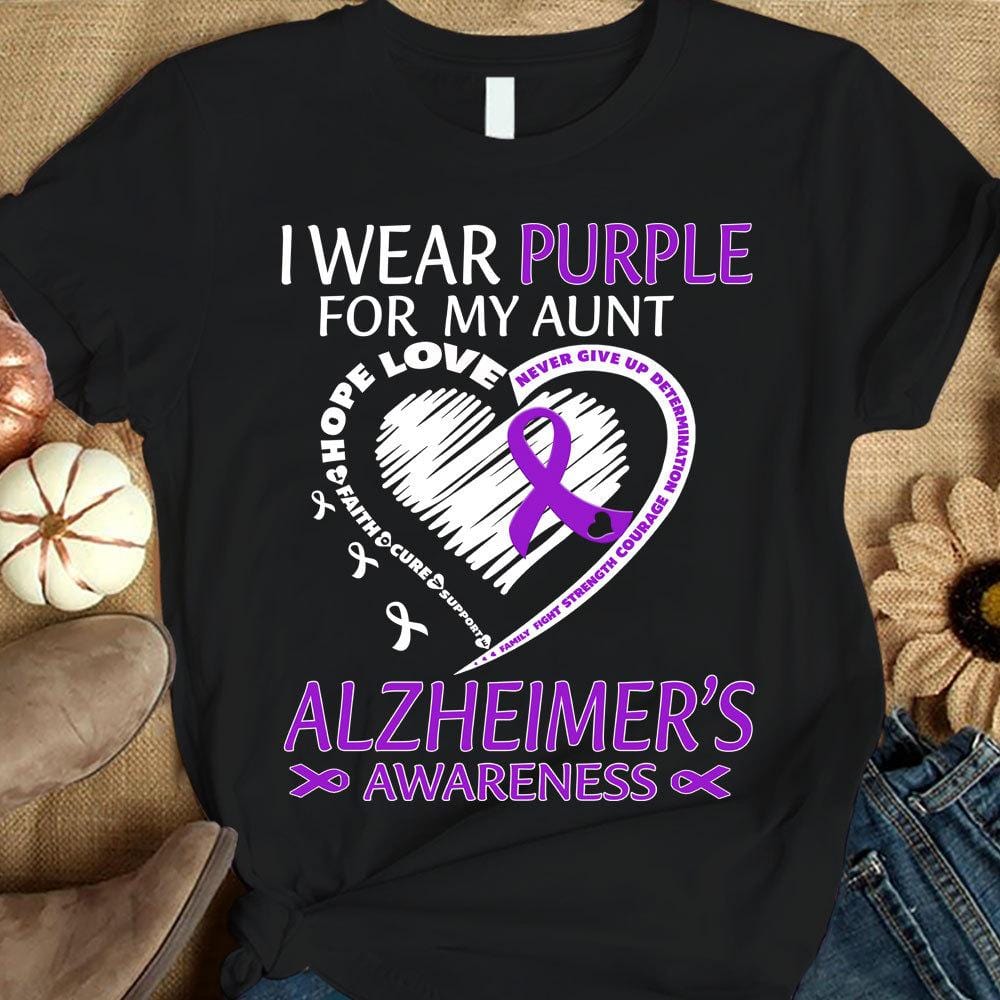 I Wear Purple For Aunt, Ribbon Heart, Alzheimer's Awareness Shirt