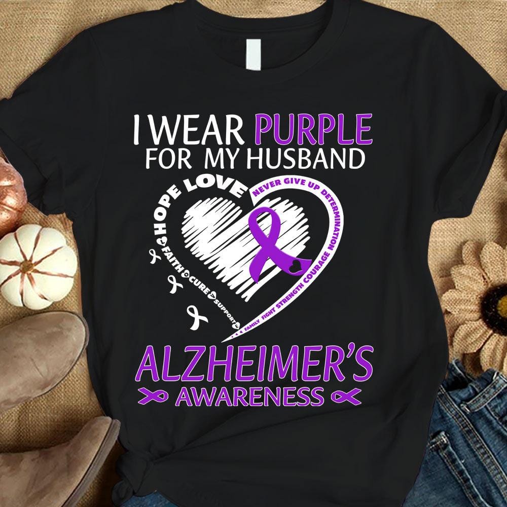 Llevo morado por mi marido, corazón de lazo, camiseta de concienciación sobre el Alzheimer