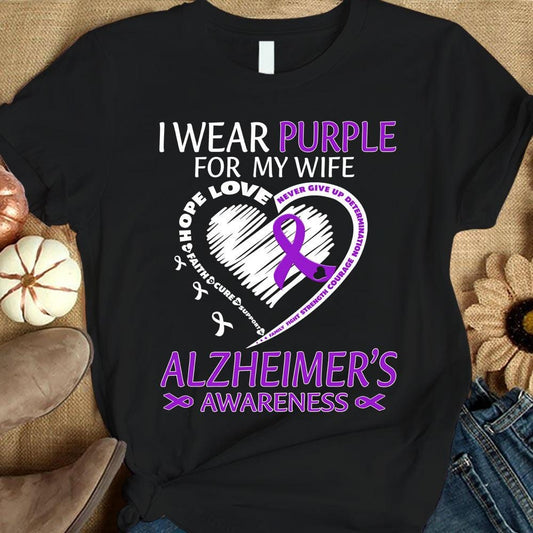 Llevo morado por mi esposa, corazón con lazo y camiseta de concienciación sobre el Alzheimer