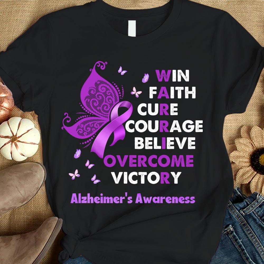 Camiseta de concienciación sobre el Alzheimer, Ganar, curar, superar, lazo morado, mariposa