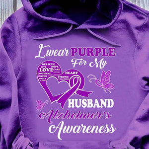 I Wear Purple For Husband, Alzheimer's Awareness Support Shirt, Ribbon Butterfly