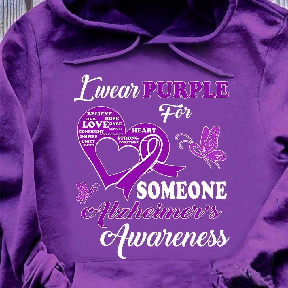 Sudadera con capucha y camiseta con lazo de mariposa para la enfermedad de Alzheimer "Me pongo morado por alguien"