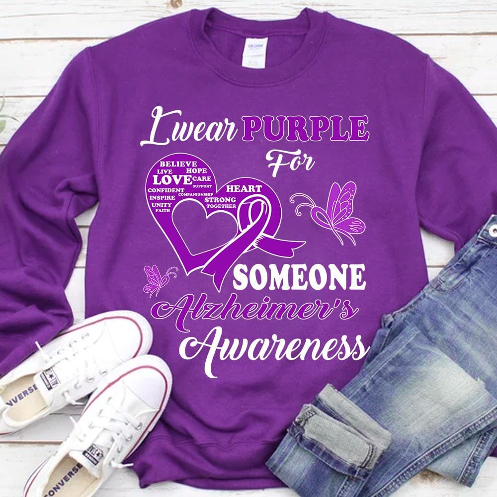 Sudadera con capucha y camiseta con lazo de mariposa para la enfermedad de Alzheimer "Me pongo morado por alguien"