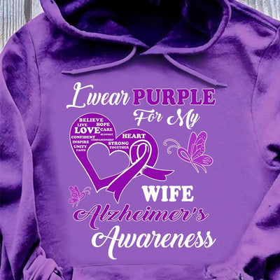 I Wear Purple For Wife, Alzheimer's Awareness Support Shirt, Ribbon Butterfly