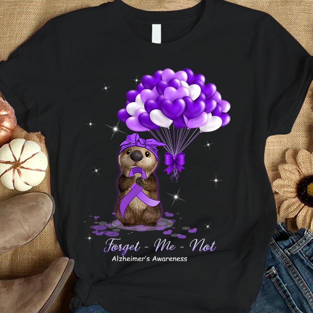 Camiseta de concienciación sobre el Alzheimer con globo morado y mensaje de fe, esperanza y amor