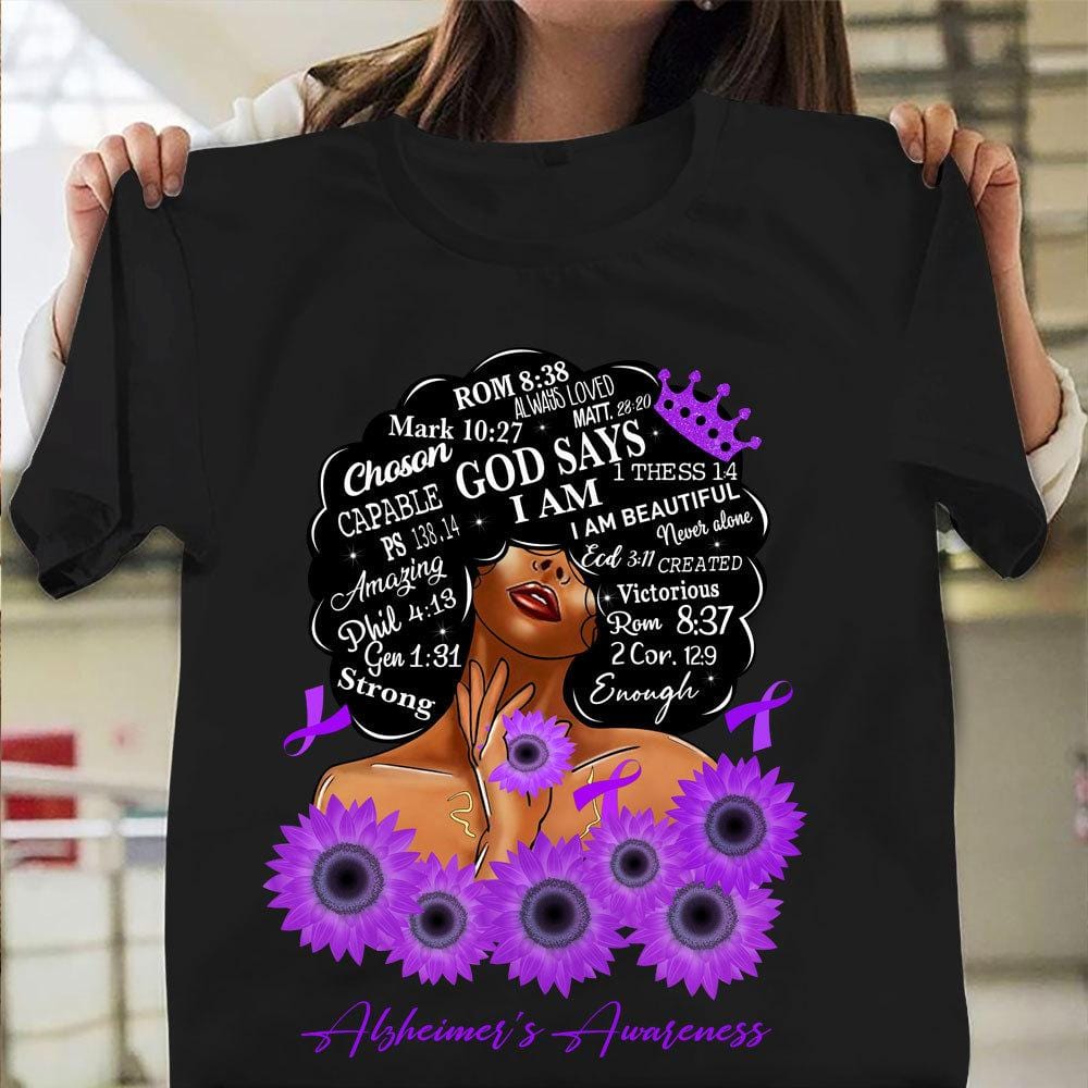 Dios dice que soy fuerte, camiseta de concienciación sobre el Alzheimer, mujer con lazo de girasol