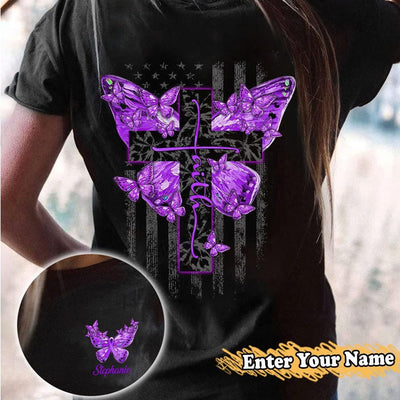 Personalized Alzheimer's Warrior Awareness Shirt With Front And Back Printing, Faith Butterfly Cross