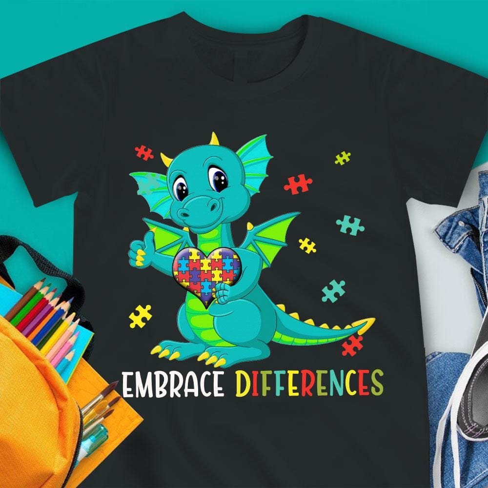 Embrace Differences, Puzzle Piece Dinosaur, Funny Autism Awareness T Shirt