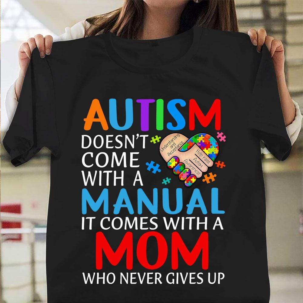 Camiseta de mamá autista, el autismo no viene con manual, pieza de rompecabezas unida a la mano sthaaut044