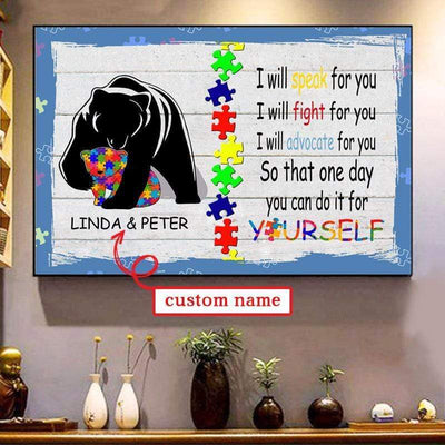 Personalized I Will Speak For You Poster, Puzzle Piece Bears, Autism Awareness Poster, Canvas