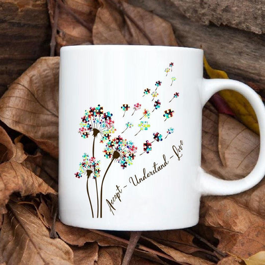 Taza de café sobre autismo, fe, esperanza, amor, piezas de rompecabezas, tazas de concientización sobre el diente de león, taza