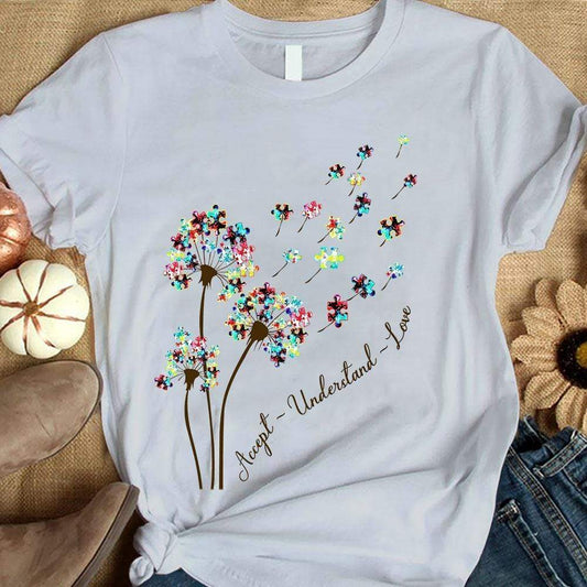 Camiseta de aceptación del autismo, aceptar, comprender, amar con la pieza del rompecabezas del diente de león