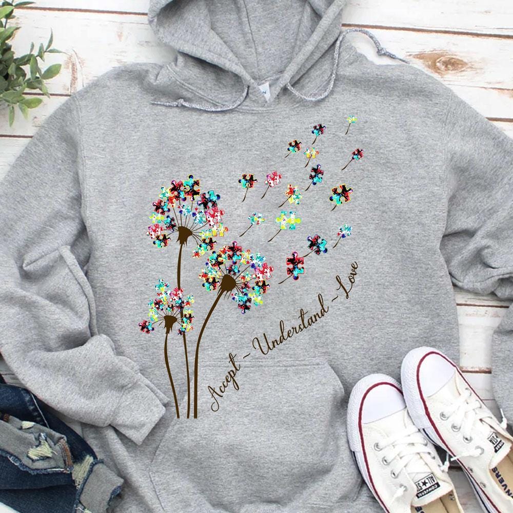 Camiseta de aceptación del autismo, aceptar, comprender, amar con la pieza del rompecabezas del diente de león