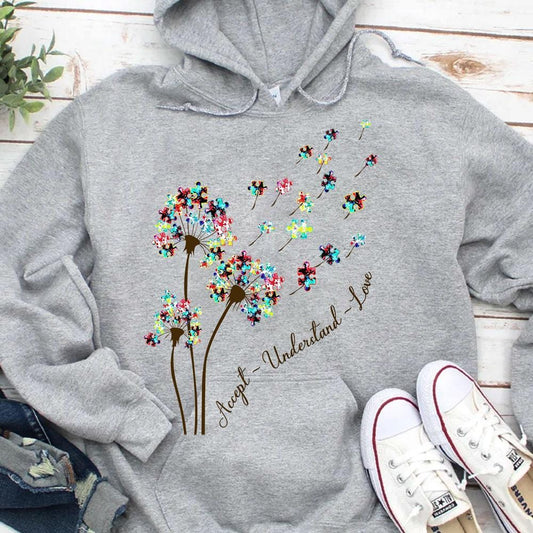 Sudadera con capucha con la frase "Acepta, entiende, ama" y "Acepta el autismo" con la pieza del rompecabezas "Diente de león"