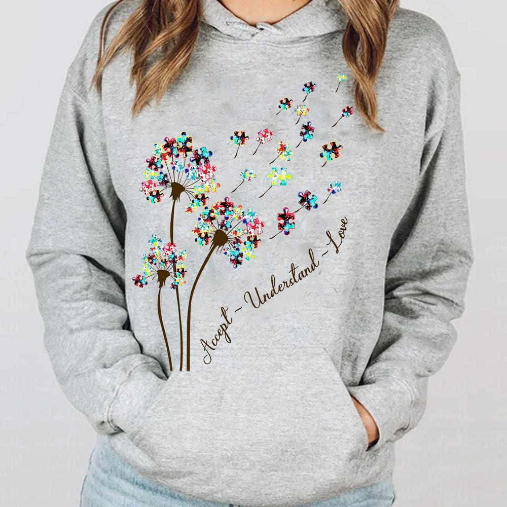 Accept Understand Love Puzzle Piece Dandelion Autism Acceptance Hoodie, Shirts