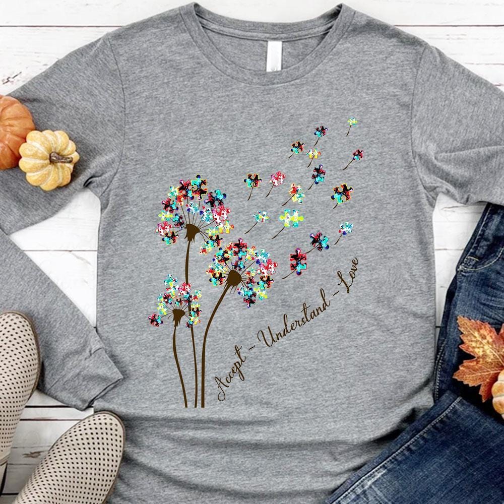 Sudadera con capucha con la frase "Acepta, entiende, ama" y "Acepta el autismo" con la pieza del rompecabezas "Diente de león"