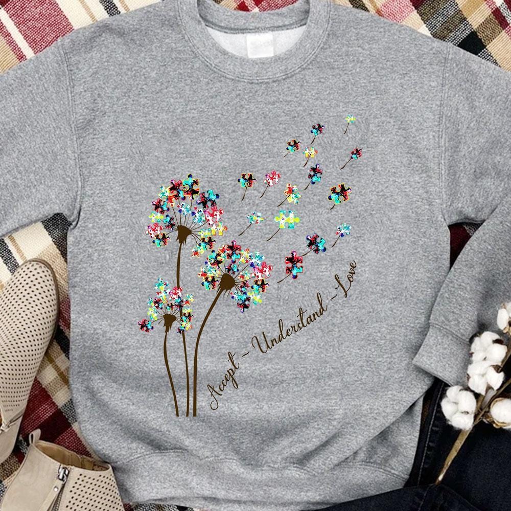 Camiseta de aceptación del autismo, aceptar, comprender, amar con la pieza del rompecabezas del diente de león