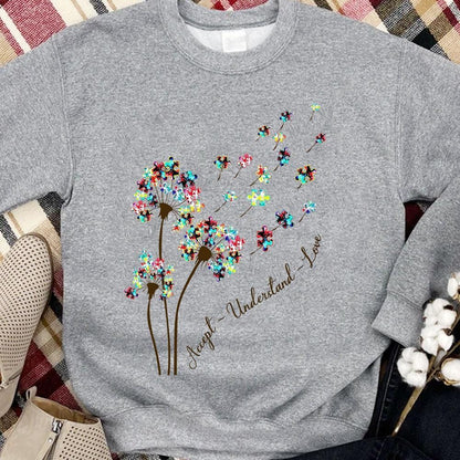 Sudadera con capucha con la frase "Acepta, entiende, ama" y "Acepta el autismo" con la pieza del rompecabezas "Diente de león"